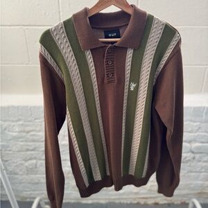 HUF Men's Olive and Chocolate Striped Sweater